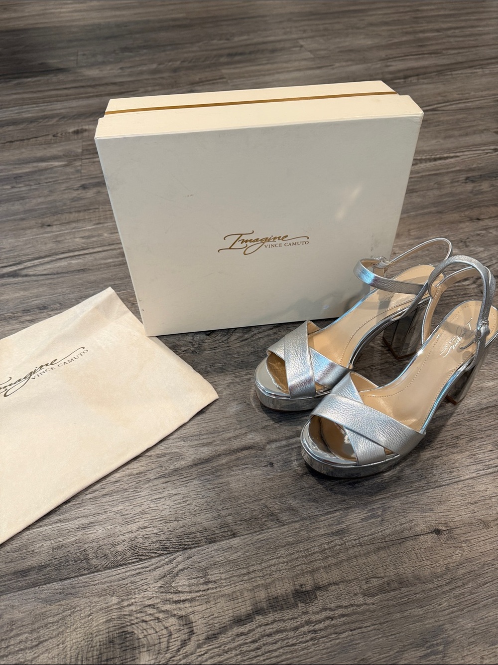 NWT Imagine by Vince Camuto Valora Silver Metallic Platform Block Heel Sandals - Picture 3 of 13